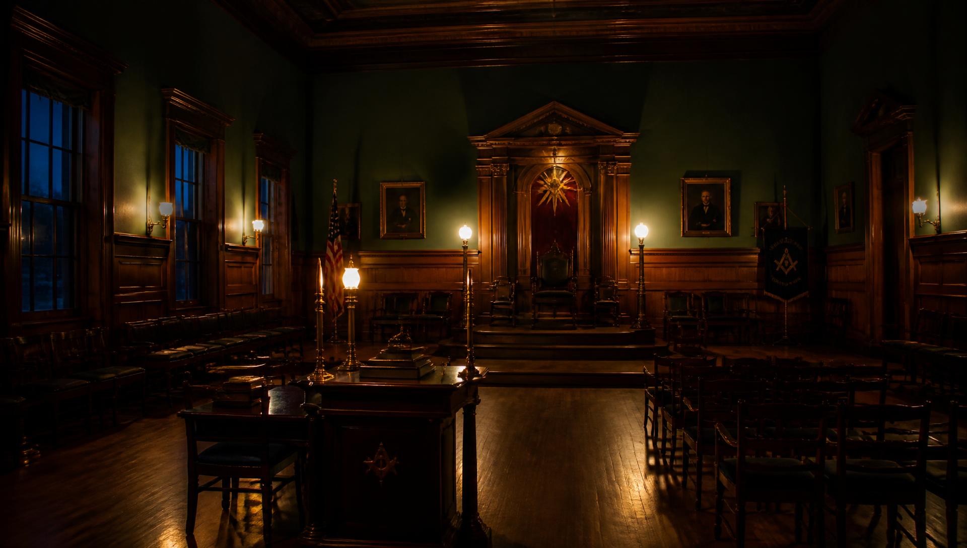 Interior of a lodge hall at dusk